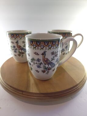 Cost Plus World Market White Mug with Green Rim & Multicolor Bird Motif